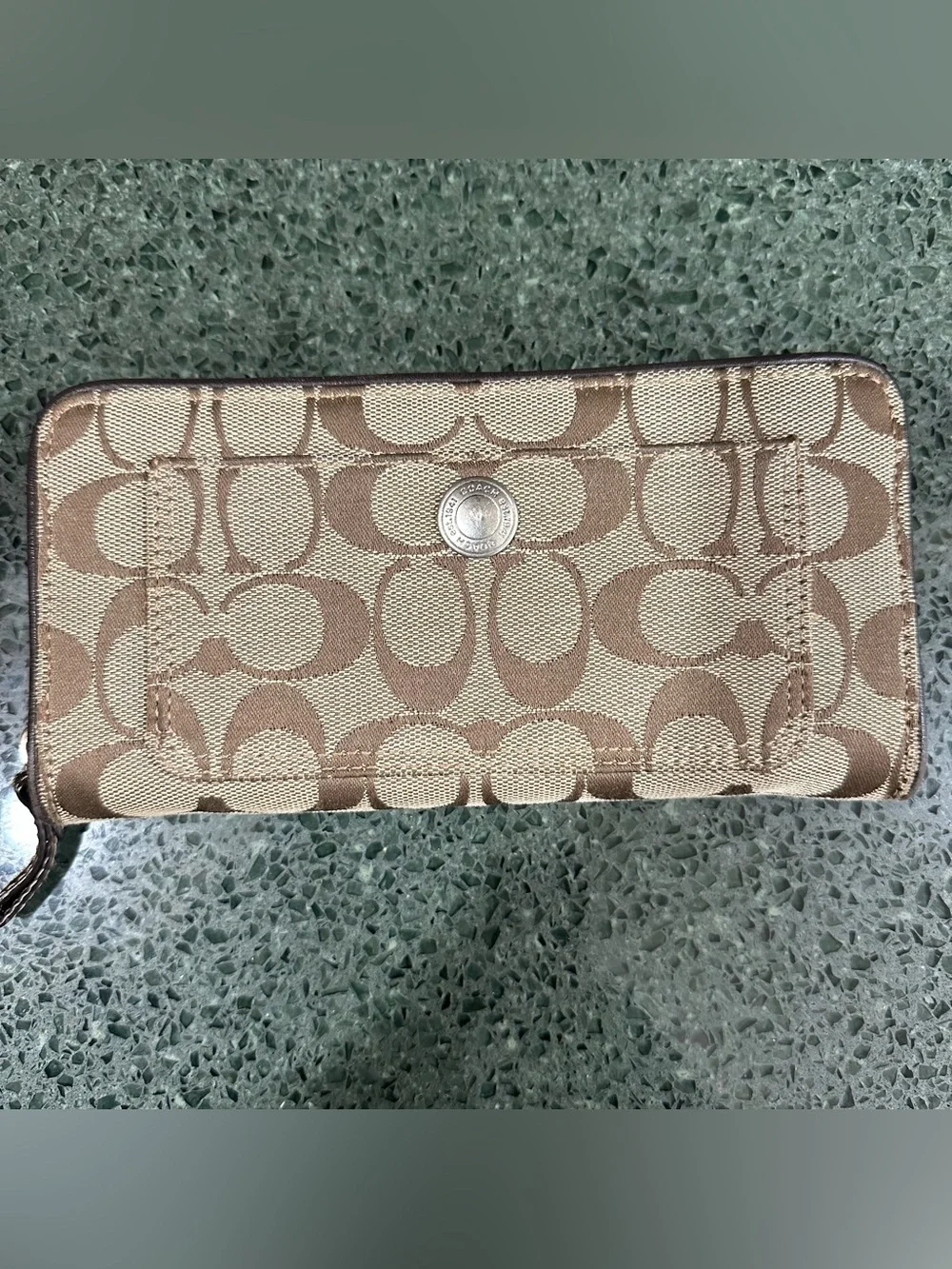 Coach Signature Canvas Zip Around Wallet Brown Tan Logo Print